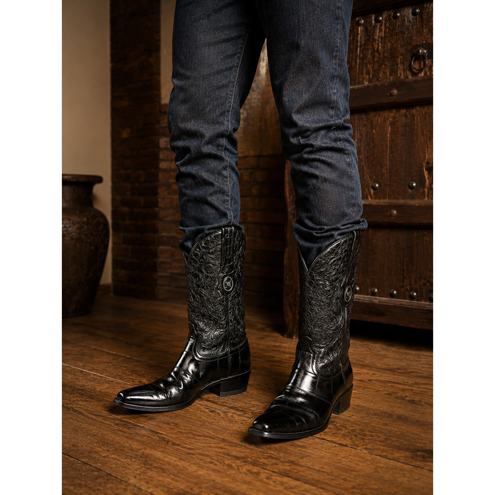 CUADRA Black Eel Skin Cowboy Boots Men's 8.5 Exotic Leather Western Oval Toe